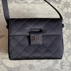 Vintage Chanel black satin shoulder crossbody bag